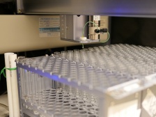 rack of test tubes under a liquid dispenser